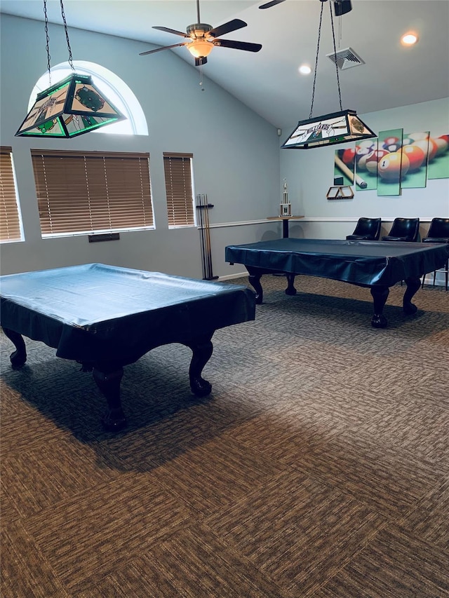 rec room with lofted ceiling, carpet flooring, visible vents, ceiling fan, and pool table