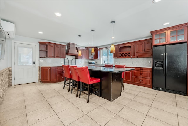 29 Fairway Dr, Rocky Point, NY 11778 - kitchen featuring a center island, open shelves, custom exhaust hood, decorative light fixtures, and black fridge
