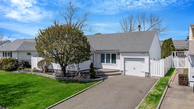 view of front of home featuring a front yard, a garage, a shingled roof, driveway, and fence