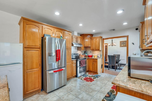 kitchen featuring recessed lighting, brown cabinetry, stainless steel appliances, under cabinet range hood, and visible vents