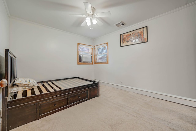 bedroom with visible vents, ornamental molding, cooling unit, and carpet flooring