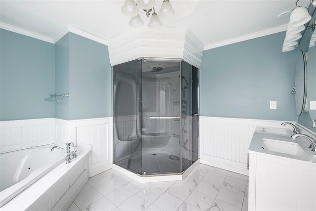 280 Shinnecock Hills Rd, Southampton, NY 11968 - bathroom featuring a stall shower, a wainscoted wall, and ornamental molding