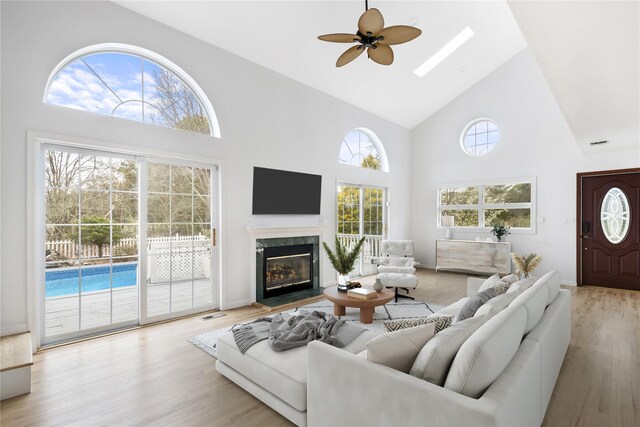 280 Shinnecock Hills Rd, Southampton, NY 11968 - living area with wood finished floors, ceiling fan, high vaulted ceiling, a high end fireplace, and a skylight
