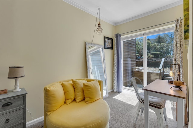 carpeted office with baseboards and ornamental molding