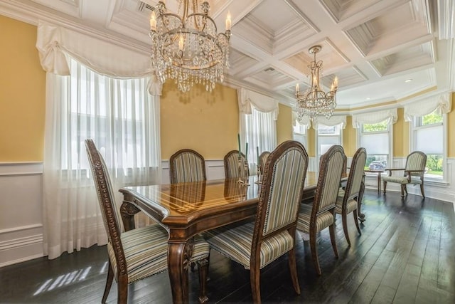 187 Lakeview Ave, Rockville Centre, NY 11570 - dining area with a chandelier, coffered ceiling, ornamental molding, dark wood-style floors, and beam ceiling