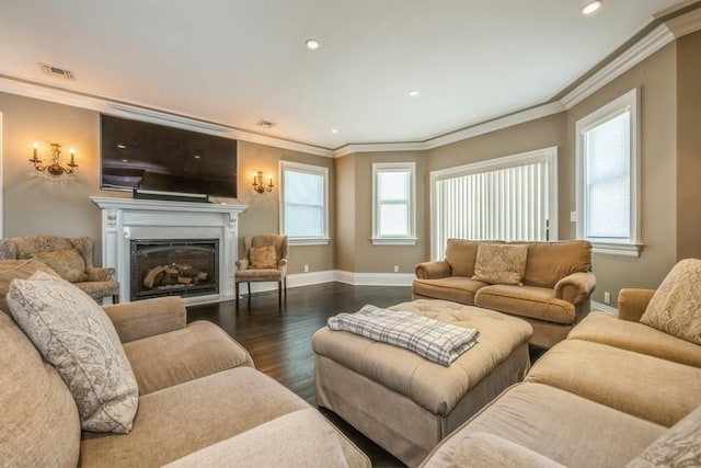 187 Lakeview Ave, Rockville Centre, NY 11570 - living area featuring dark wood-type flooring, a fireplace, baseboards, crown molding, and recessed lighting