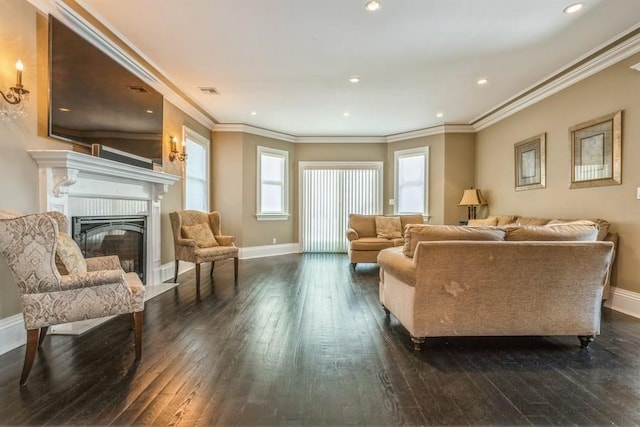 187 Lakeview Ave, Rockville Centre, NY 11570 - living room with dark wood-style floors, baseboards, a glass covered fireplace, crown molding, and recessed lighting