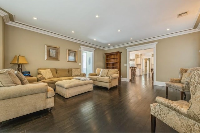 187 Lakeview Ave, Rockville Centre, NY 11570 - living area featuring dark wood-type flooring, ornamental molding, recessed lighting, and baseboards