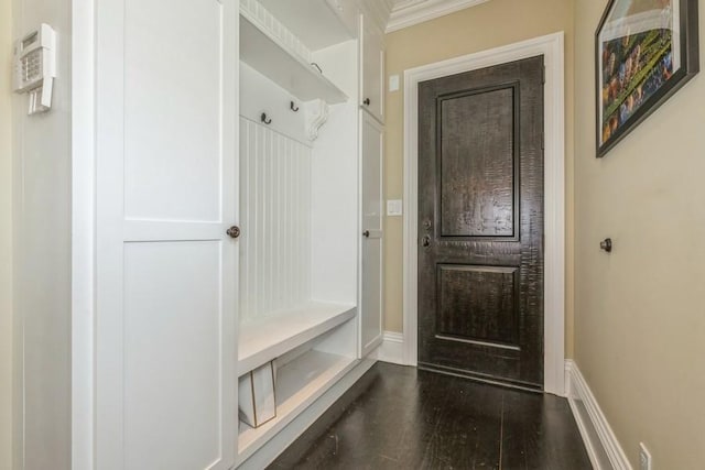 187 Lakeview Ave, Rockville Centre, NY 11570 - mudroom with crown molding, baseboards, and dark wood-type flooring