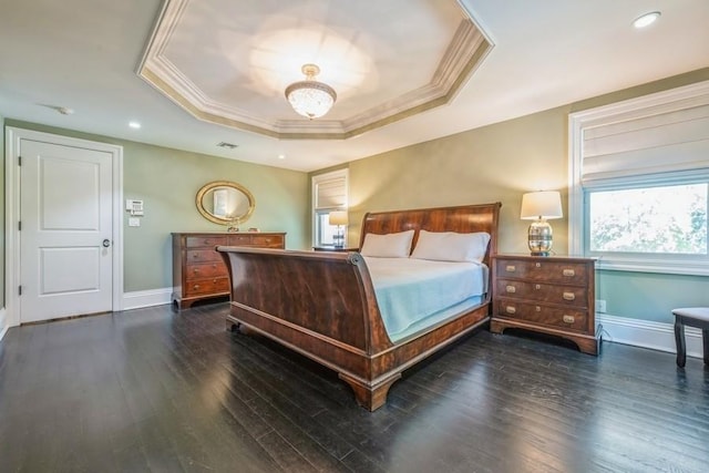 187 Lakeview Ave, Rockville Centre, NY 11570 - bedroom featuring a tray ceiling, ornamental molding, wood finished floors, baseboards, and recessed lighting