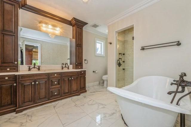 187 Lakeview Ave, Rockville Centre, NY 11570 - full bath featuring crown molding, marble finish flooring, a freestanding tub, toilet, and double vanity
