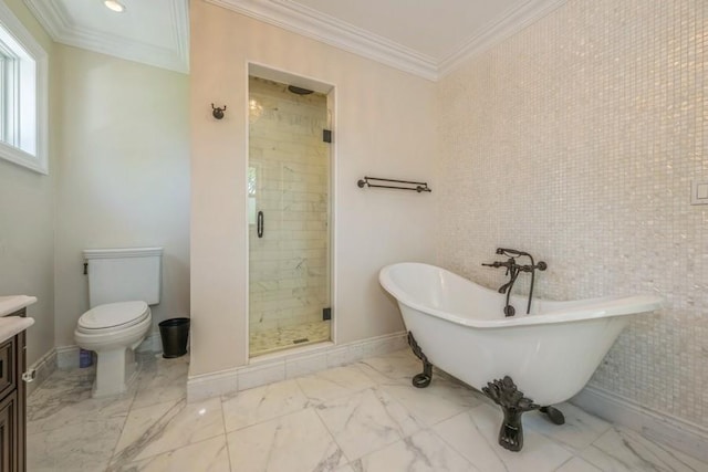 187 Lakeview Ave, Rockville Centre, NY 11570 - bathroom featuring a freestanding bath, a shower stall, crown molding, toilet, and vanity
