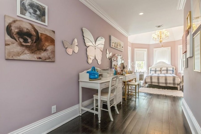187 Lakeview Ave, Rockville Centre, NY 11570 - bedroom with a chandelier, hardwood / wood-style floors, baseboards, crown molding, and an office area