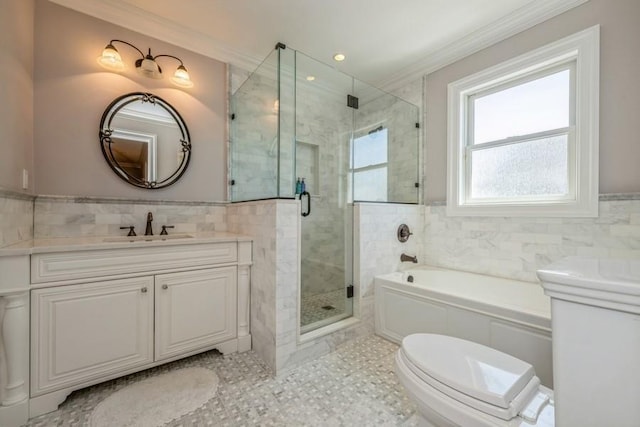 187 Lakeview Ave, Rockville Centre, NY 11570 - bathroom featuring tile walls, crown molding, vanity, a shower stall, and a bath