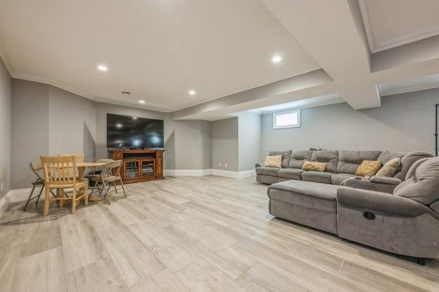 187 Lakeview Ave, Rockville Centre, NY 11570 - living room featuring baseboards, crown molding, light wood finished floors, and recessed lighting