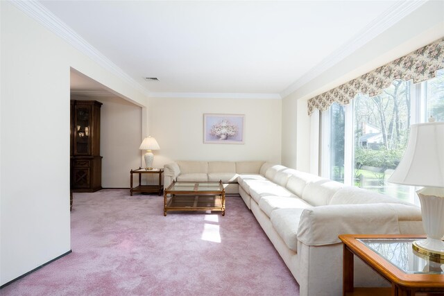 living area featuring crown molding, visible vents, and light carpet