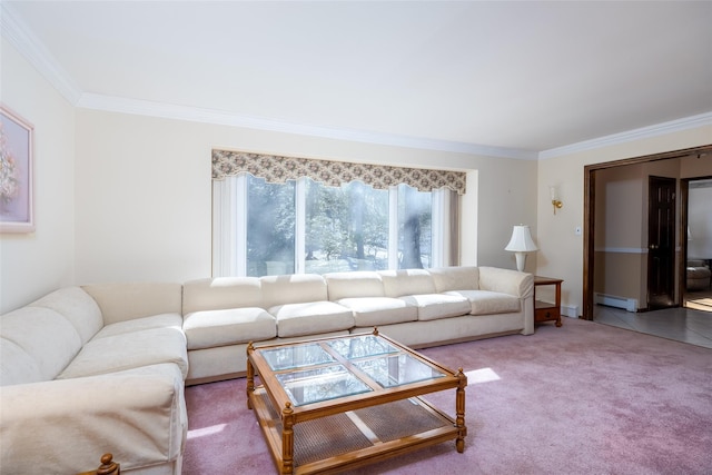 carpeted living area featuring ornamental molding and a baseboard heating unit
