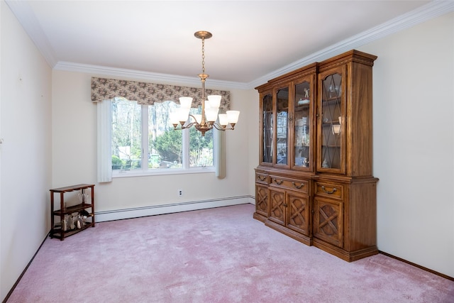 carpeted dining room featuring an inviting chandelier, crown molding, and baseboard heating