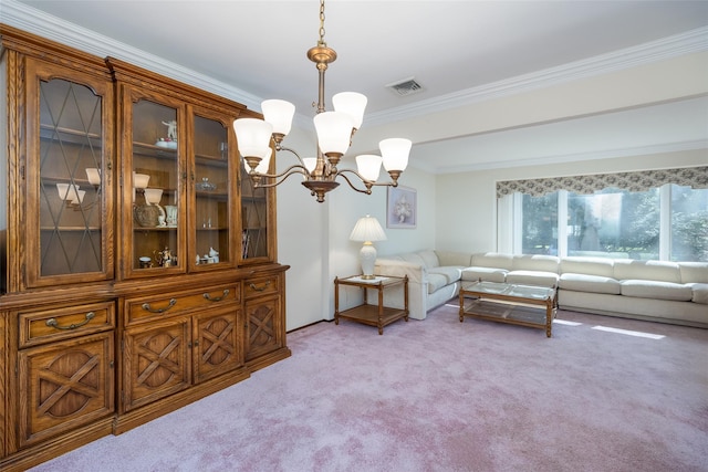 living room with visible vents, light carpet, an inviting chandelier, and crown molding