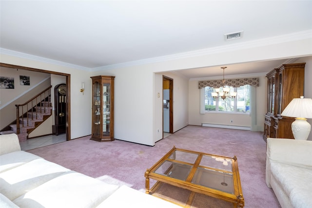 living area featuring a chandelier, stairs, visible vents, light carpet, and baseboard heating
