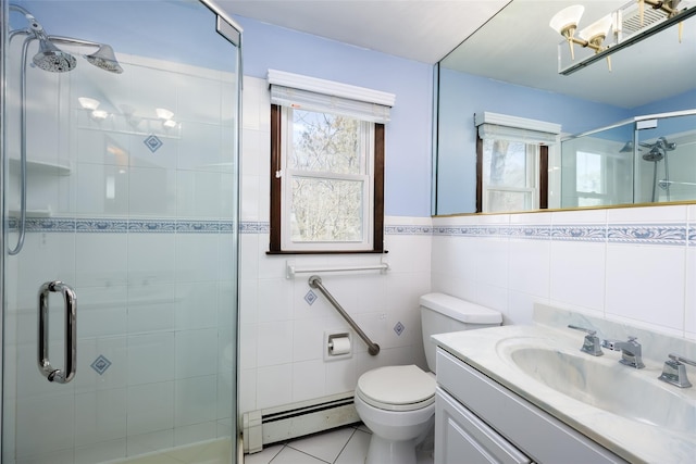 full bathroom featuring a stall shower, tile walls, baseboard heating, and tile patterned floors
