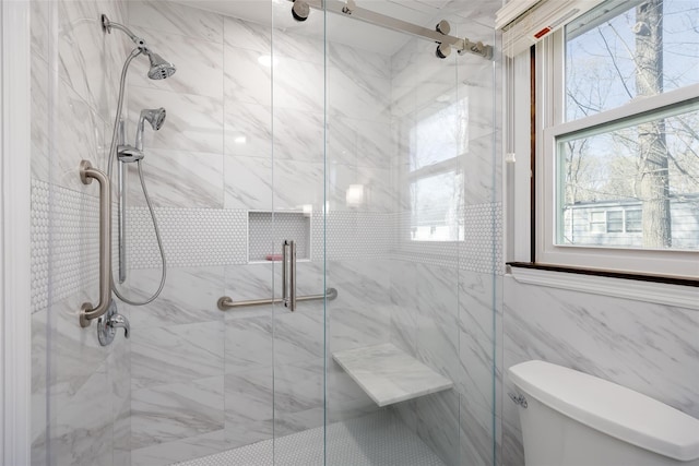 full bathroom featuring toilet and a stall shower