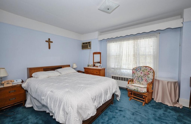 bedroom featuring radiator heating unit, carpet floors, and an AC wall unit