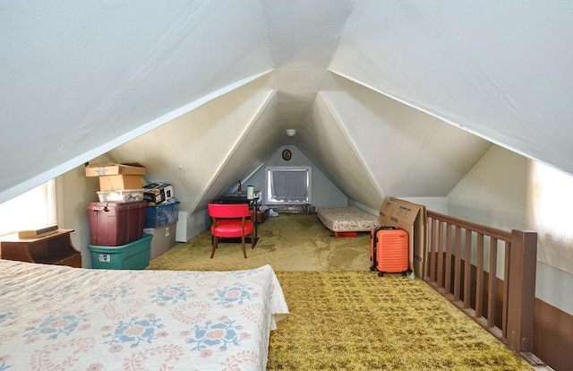 carpeted bedroom featuring lofted ceiling and multiple windows