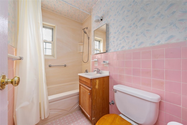 213-15 73rd Ave Lower, Lower, Oakland Gardens, NY 11364 - full bathroom with tile walls, a wealth of natural light, toilet, and wallpapered walls