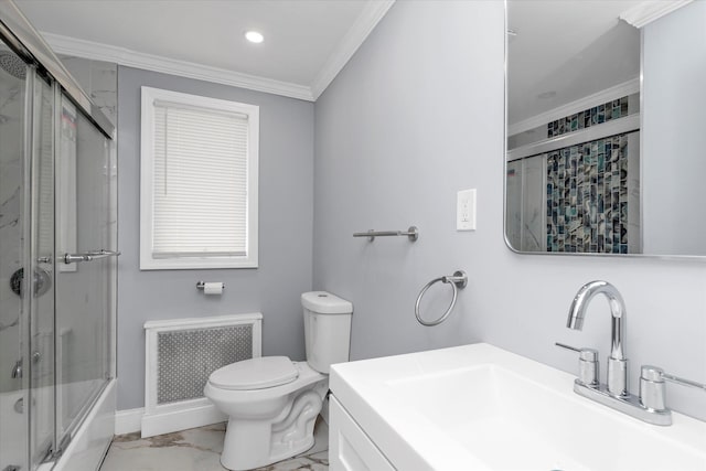 full bathroom featuring radiator heating unit, toilet, crown molding, and marble finish floor
