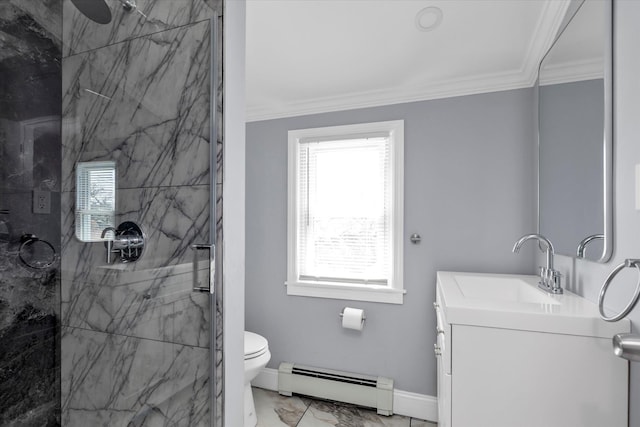 full bathroom with marble finish floor, baseboard heating, toilet, baseboards, and a marble finish shower