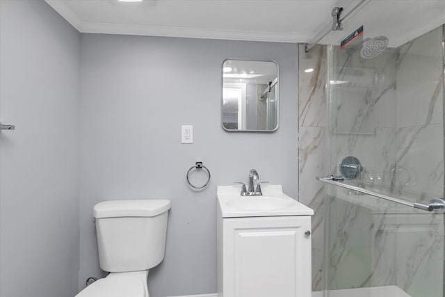full bathroom with ornamental molding, a marble finish shower, toilet, and vanity