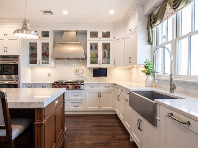 27 True Harbour Way W, Islip, NY 11795 - kitchen with premium range hood, appliances with stainless steel finishes, a sink, dark wood-style floors, and white cabinetry