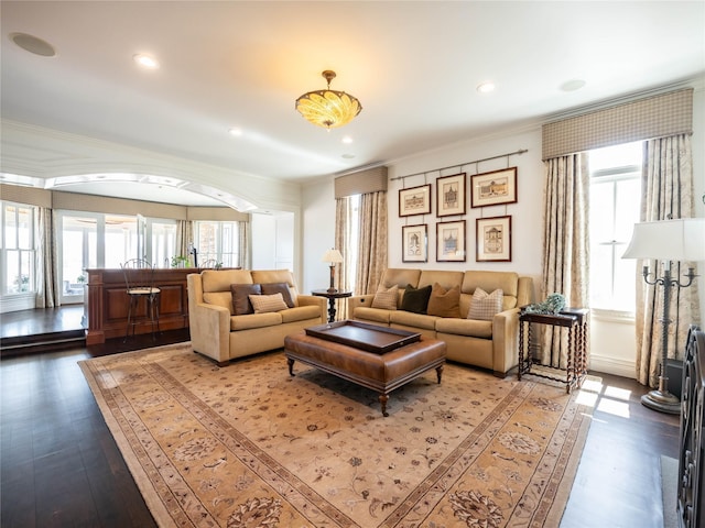 27 True Harbour Way W, Islip, NY 11795 - living room featuring crown molding, dark wood-type flooring, and recessed lighting