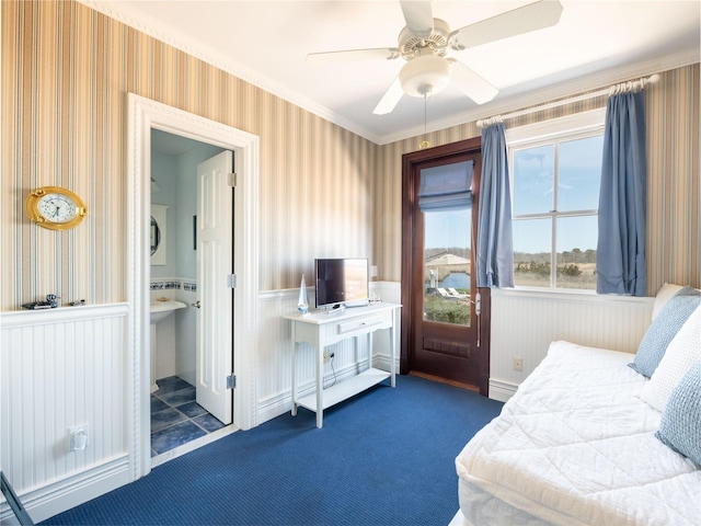 27 True Harbour Way W, Islip, NY 11795 - sitting room featuring a wainscoted wall, wallpapered walls, dark colored carpet, ceiling fan, and ornamental molding