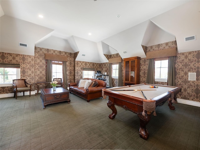 27 True Harbour Way W, Islip, NY 11795 - recreation room featuring wallpapered walls, lofted ceiling, baseboards, billiards table, and carpet flooring