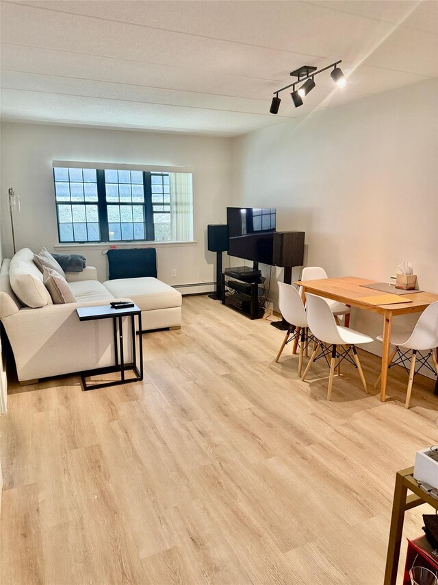 living area featuring a baseboard radiator, track lighting, and light wood finished floors