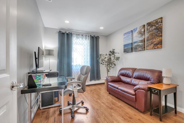 143-07 Rose Ave, Flushing, NY 11355 - office featuring wood finished floors, a baseboard radiator, baseboards, and recessed lighting