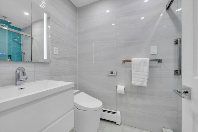 143-07 Rose Ave, Flushing, NY 11355 - full bath featuring a baseboard heating unit, tile walls, vanity, toilet, and an enclosed shower