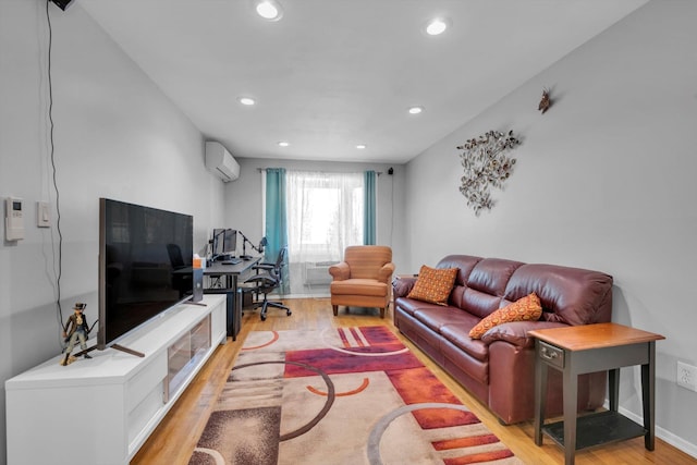 143-07 Rose Ave, Flushing, NY 11355 - living room with light wood finished floors, an AC wall unit, and recessed lighting