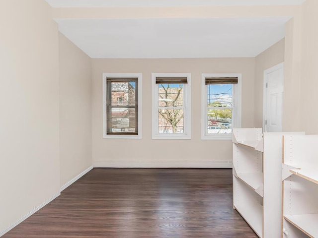 unfurnished room with dark wood-style floors and baseboards