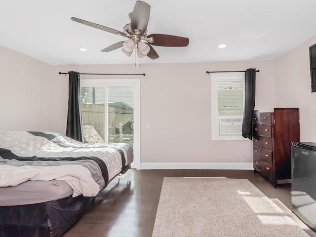 bedroom featuring recessed lighting, ceiling fan, baseboards, and dark wood finished floors