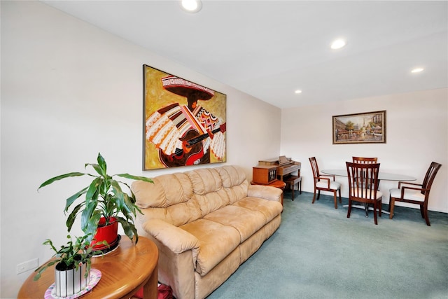 living room featuring recessed lighting and carpet floors