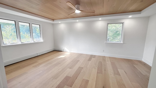 unfurnished room featuring wooden ceiling, a baseboard heating unit, light wood finished floors, a ceiling fan, and a tray ceiling