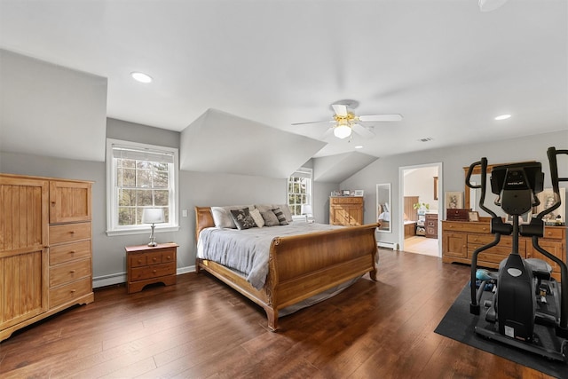 bedroom featuring recessed lighting, hardwood / wood-style floors, baseboard heating, ceiling fan, and lofted ceiling