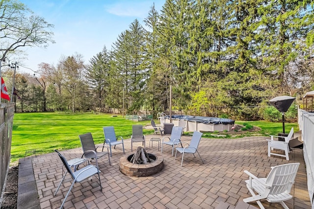 view of patio with an outdoor fire pit and a covered pool
