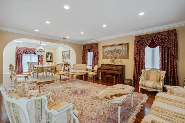 44 Netz Pl, Albertson, NY 11507 - living area featuring recessed lighting, ornamental molding, dark wood-style floors, and arched walkways