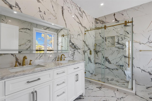 bar with stone wall, marble finish floor, a sink, and recessed lighting