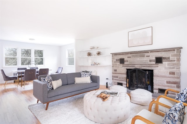 living room featuring wood finished floors and a fireplace
