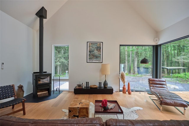 64 Hoyt Rd, Glen Spey, NY 12737 - living area with high vaulted ceiling, a wood stove, and wood finished floors